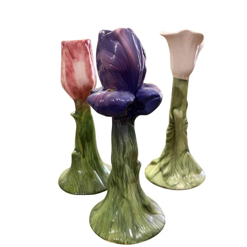 Set of 3 Bud Vases Hand-Painted Ceramic Floral Green Leafy Stems 7.5